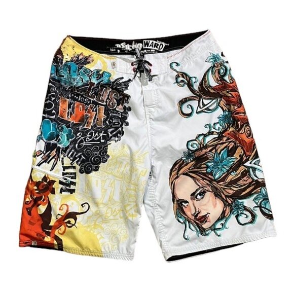 Lost The Psycho Ward Men's Graffiti Board Swim Surf Shorts Size 38 - Picture 1 of 13